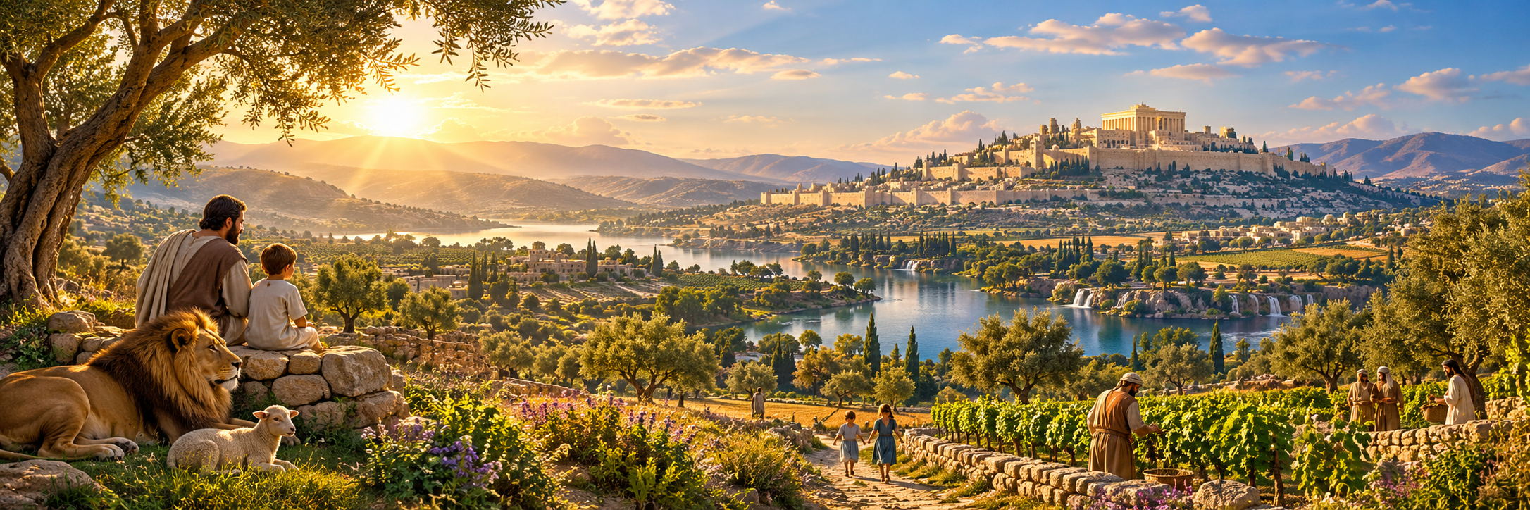 Peaceful landscape depicting the Millennium with a lion and lamb, abundant fields, families, and Jerusalem in the distance.