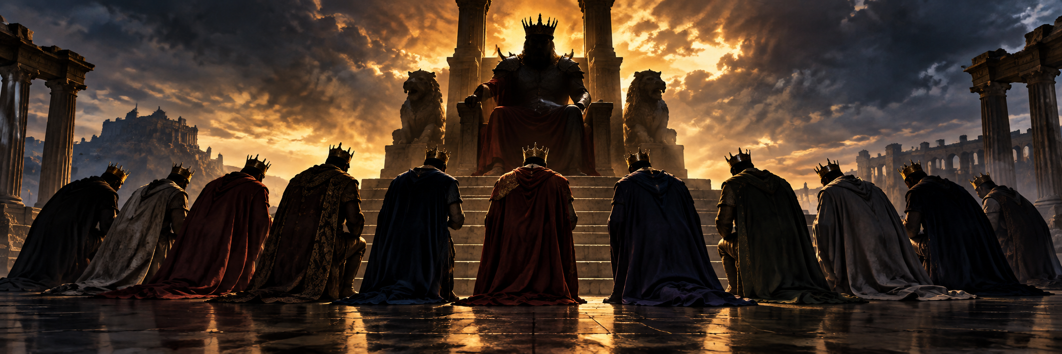Ten kings bow before a powerful ruler, symbolizing the ten kings who give their authority to the Beast in Revelation 17.