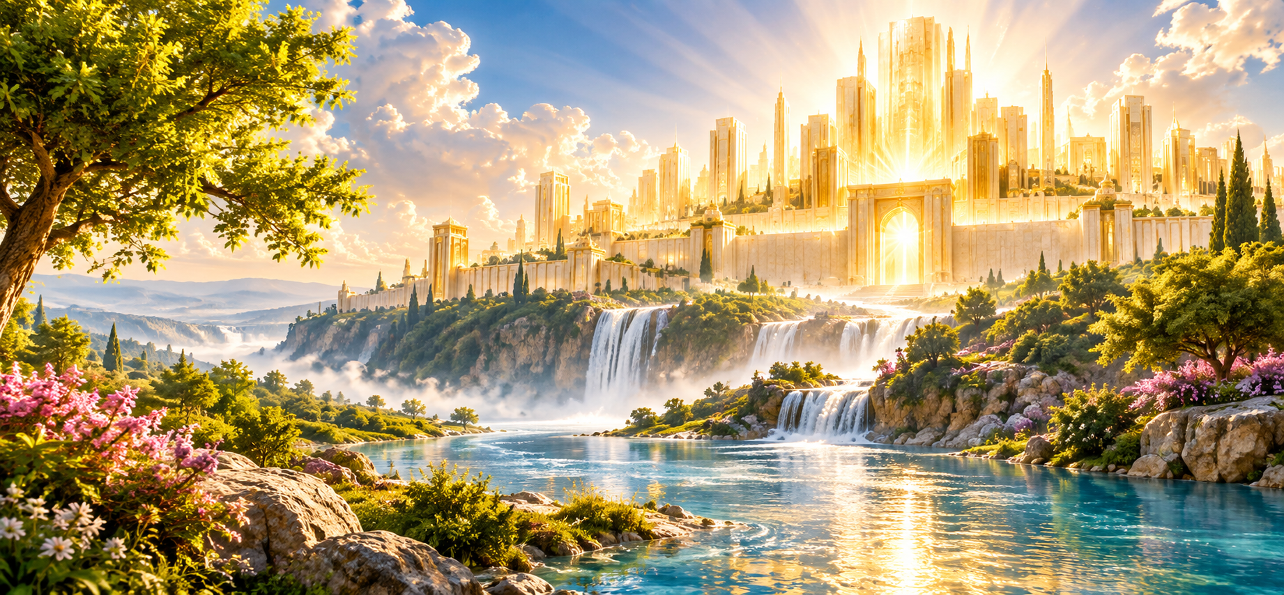 New Jerusalem on the new earth with the river of life flowing through a restored creation