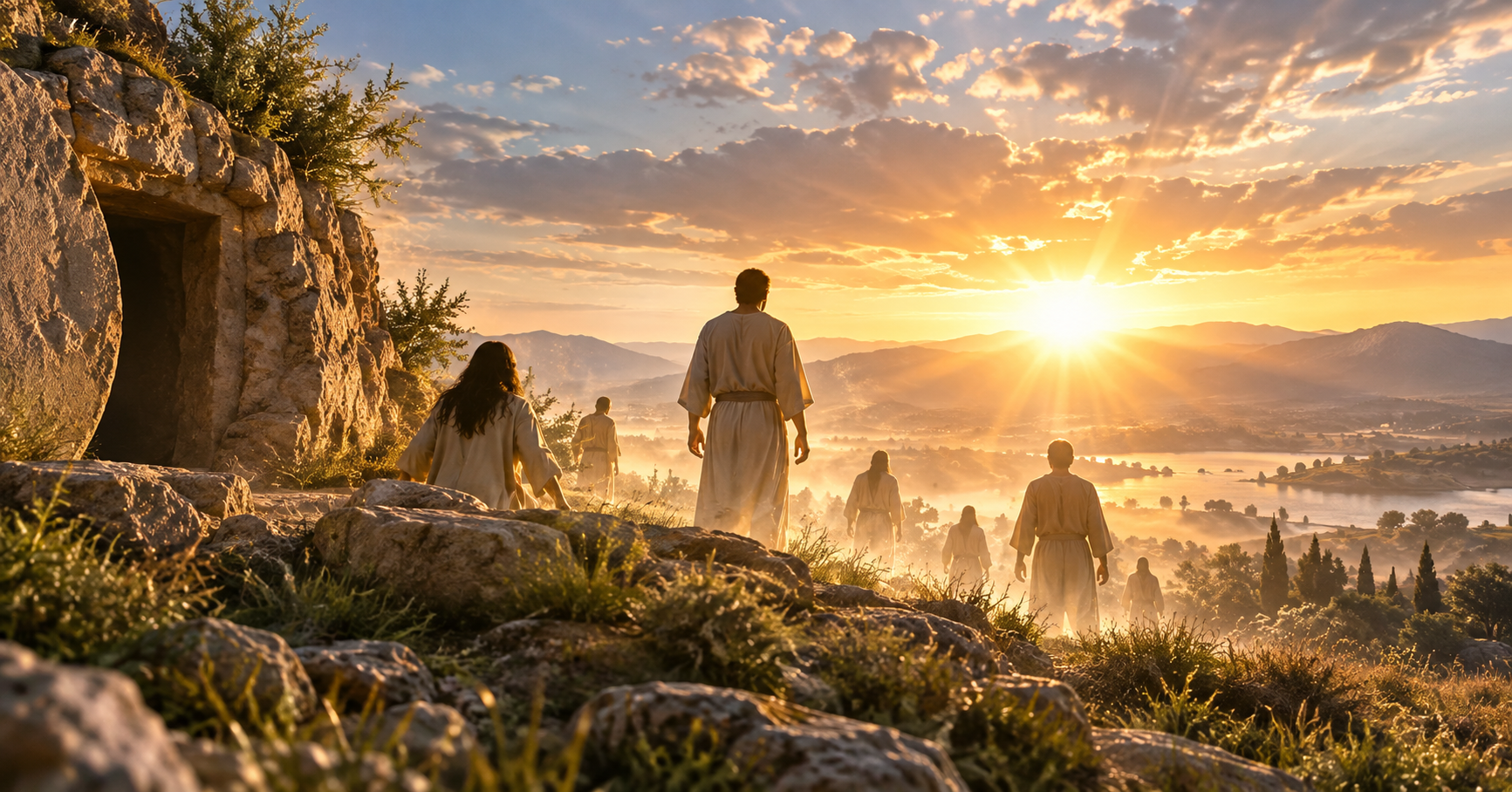 People rising at sunrise, illustrating the biblical hope of the resurrection of the dead