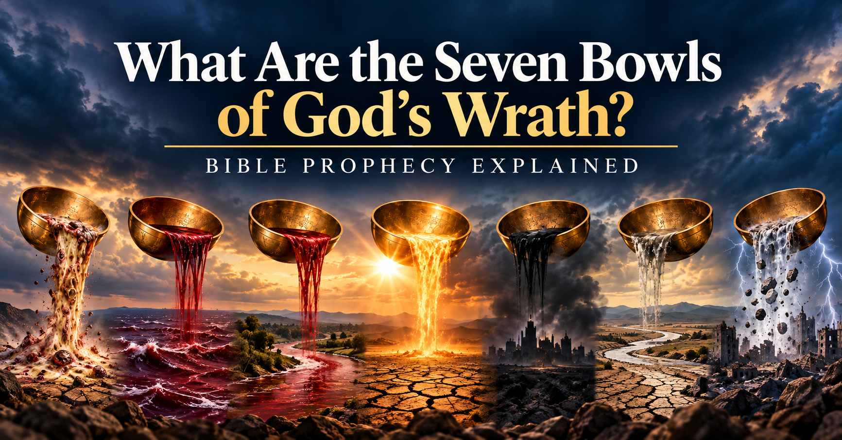 Seven bowls of God’s wrath representing the seven last plagues of Revelation 16