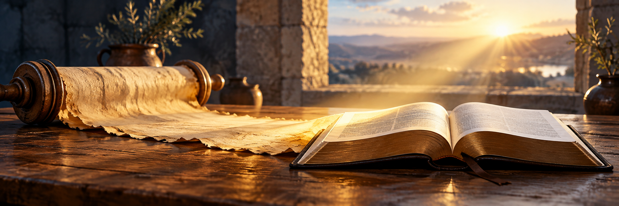 Open Bible and ancient scroll illuminated by sunrise, representing the unity of Scripture.