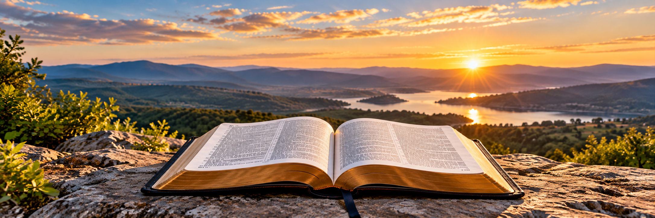 Open Bible overlooking a peaceful landscape at sunrise